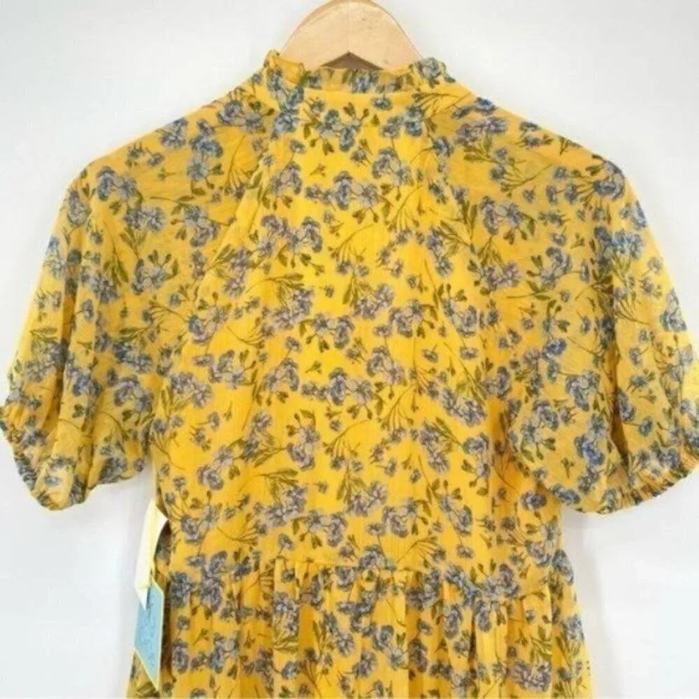 CeCe Yellow Flowy Floral Print Babydoll Dress